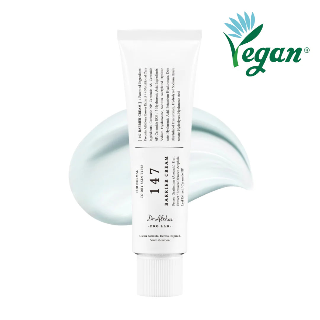 Dr. Althea 147 Barrier Cream 50ml tube with cream swirl, vegan skincare for hydration and skin barrier support.