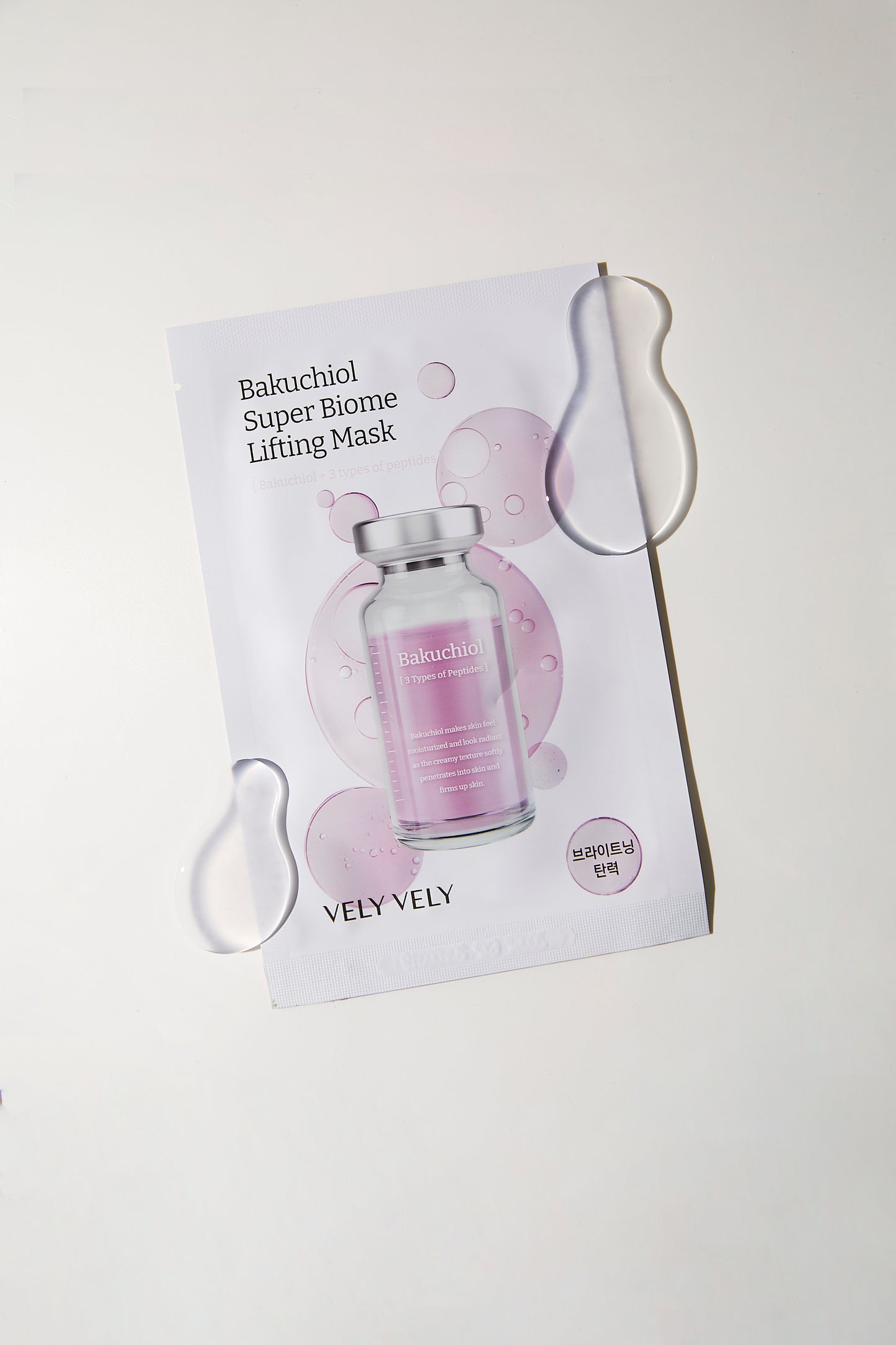 VELY VELY Bakuchiol Super Biome Lifting Mask packaging with bubbles on a white background.
