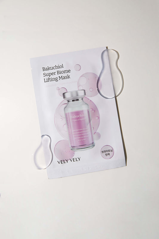 VELY VELY Bakuchiol Super Biome Lifting Mask packaging with bubbles on a white background.