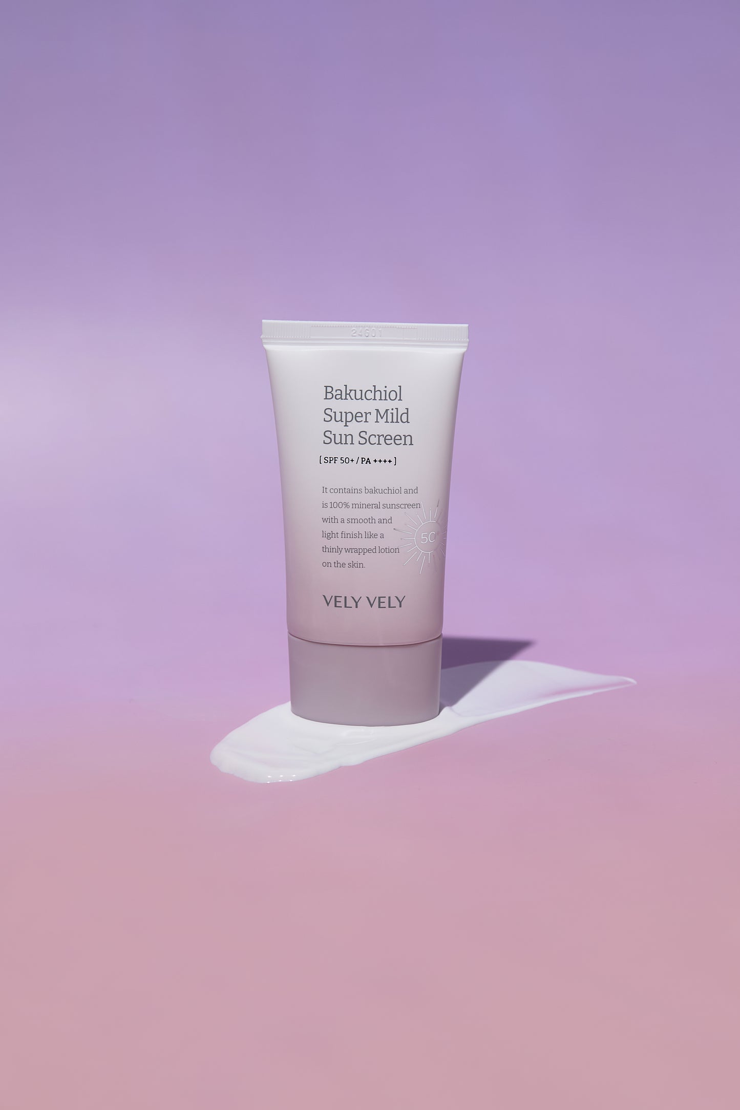VELY VELY Bakuchiol Super Mild Sunscreen tube on pink background, offering effective UV protection and hydration.
