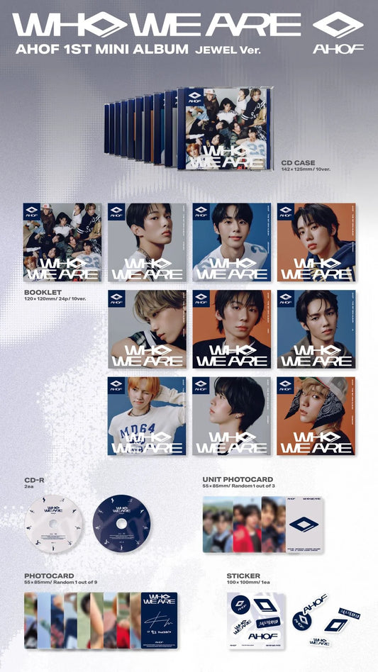 Album packaging for 'WHO WE ARE' by AHOF, showing various items included in the Jewel Ver. package.