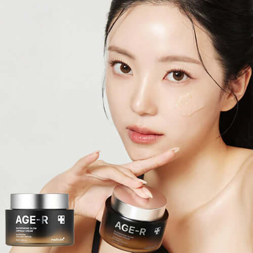 Medicube AGE-R Glutathione Glow Capsule Cream displayed with a model applying it for radiant skin.