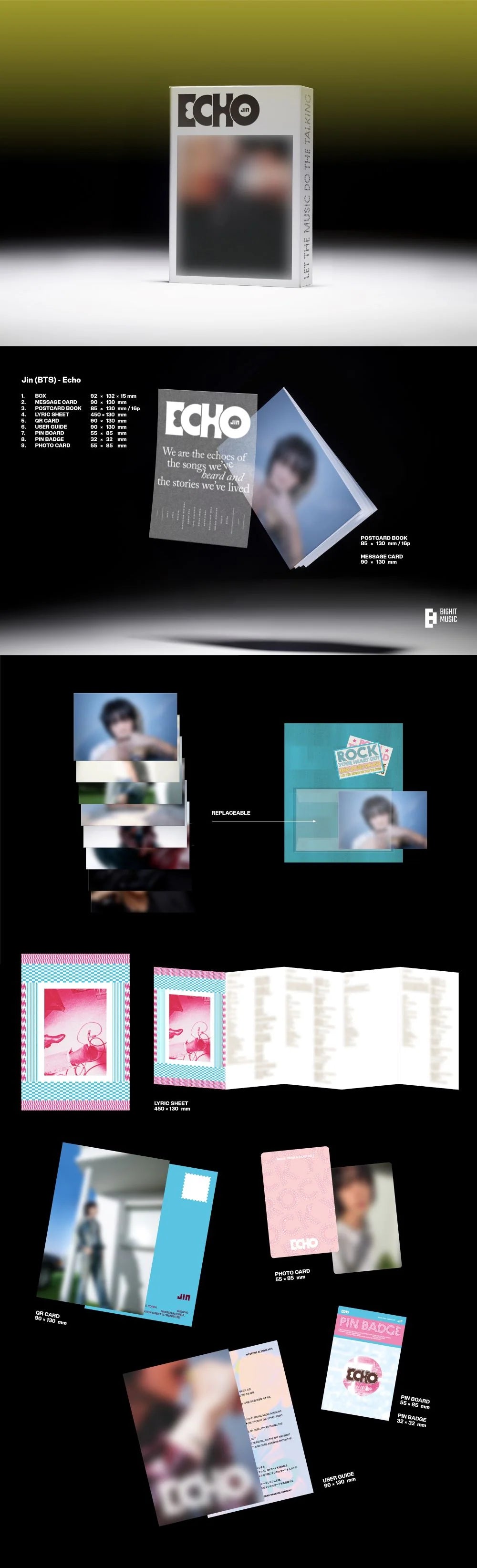 Collection of promotional materials with 'ECHO' branding on a black background