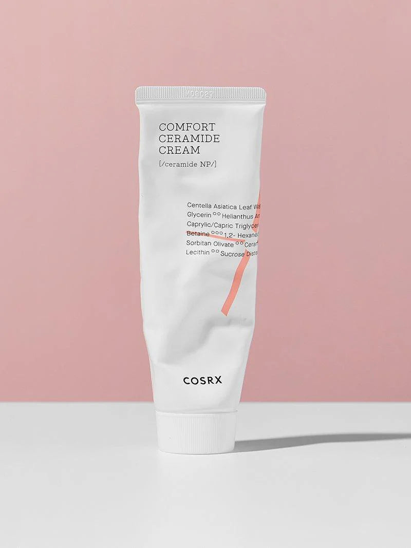 COSRX Comfort Ceramide Cream tube front view, lightweight moisturizer for sensitized skin, 80g packaging.