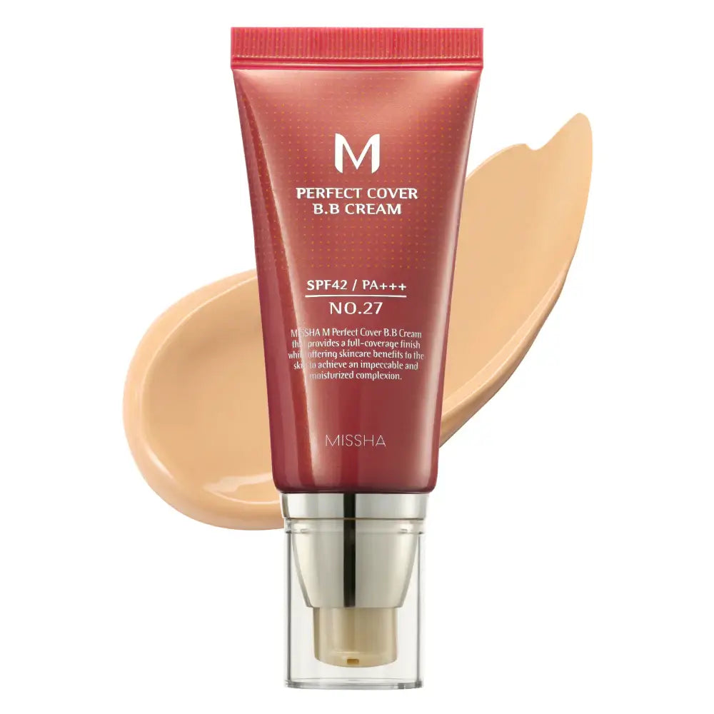 Missha m Perfect Cover BB Cream 50ml in Honey Beige with a swatch of cream on a white background.