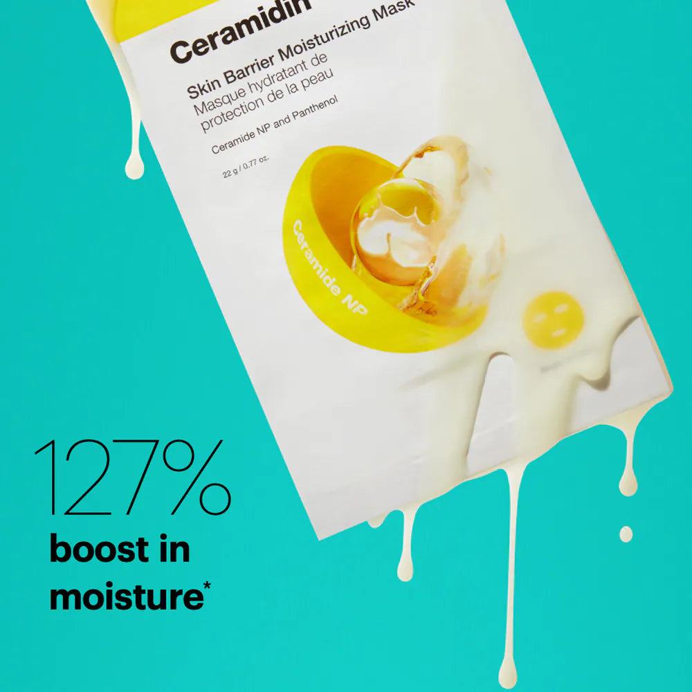 DR JART+ Ceramidin Skin Barrier Moisturizing Mask packaging with 127% moisture boost feature highlighted.