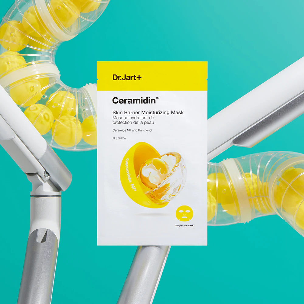 DR JART+ Ceramidin Skin Barrier Moisturizing Mask packaging on a colorful background, promoting hydration and skin barrier protection.