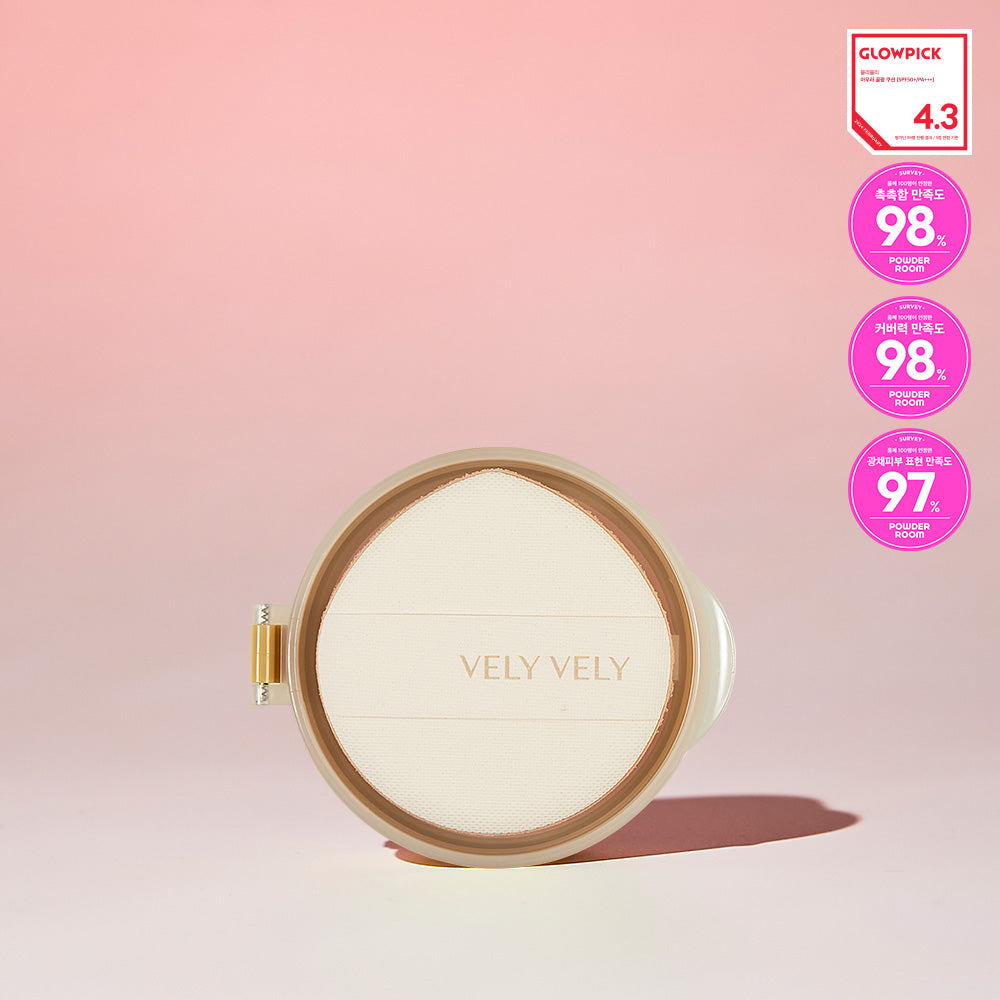 VELY VELY Aura Honey Glow Cushion refill compact with pink background and product ratings.