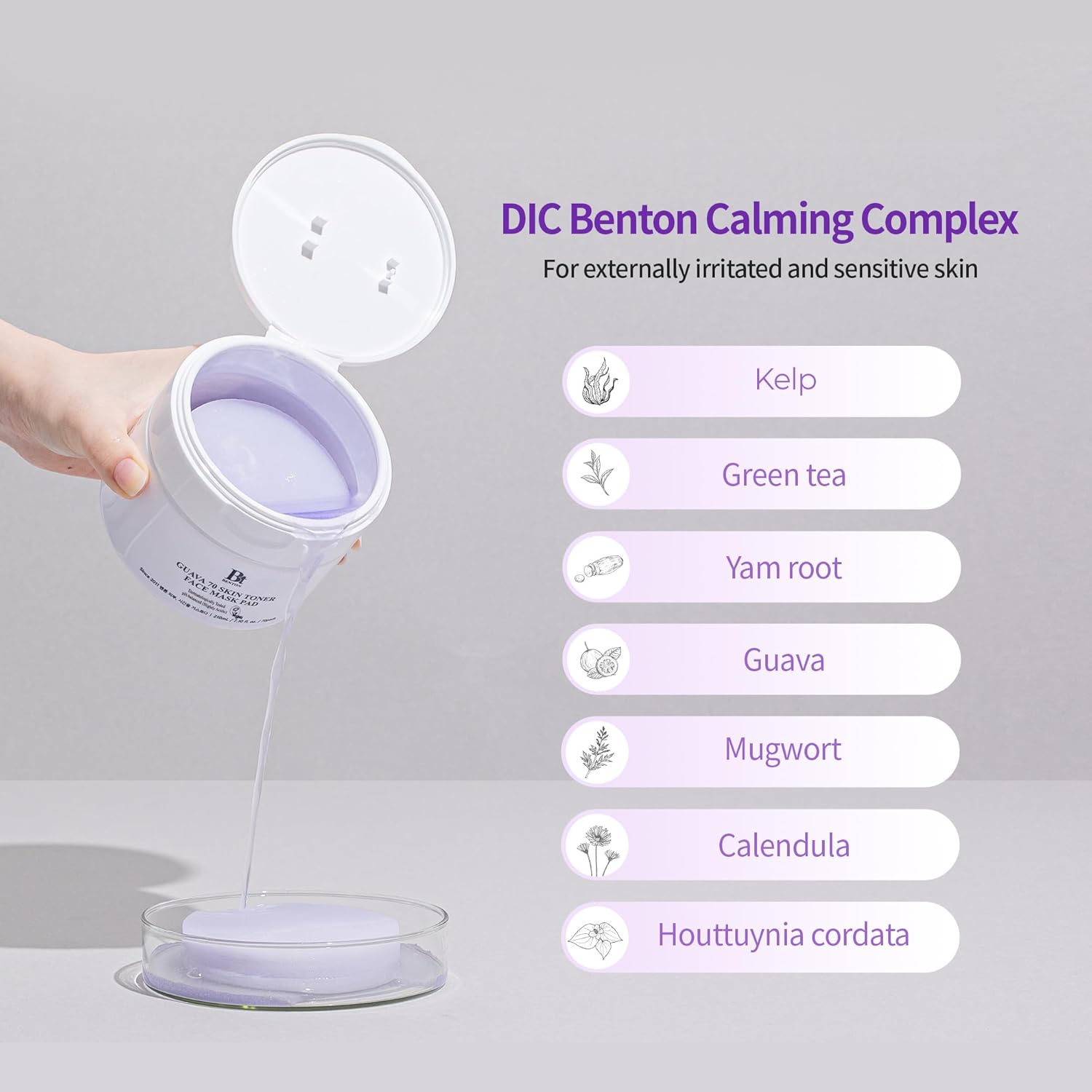 DIC Benton Calming Complex jar showcasing ingredients like Guava, Kelp, and Green tea for sensitive skin care