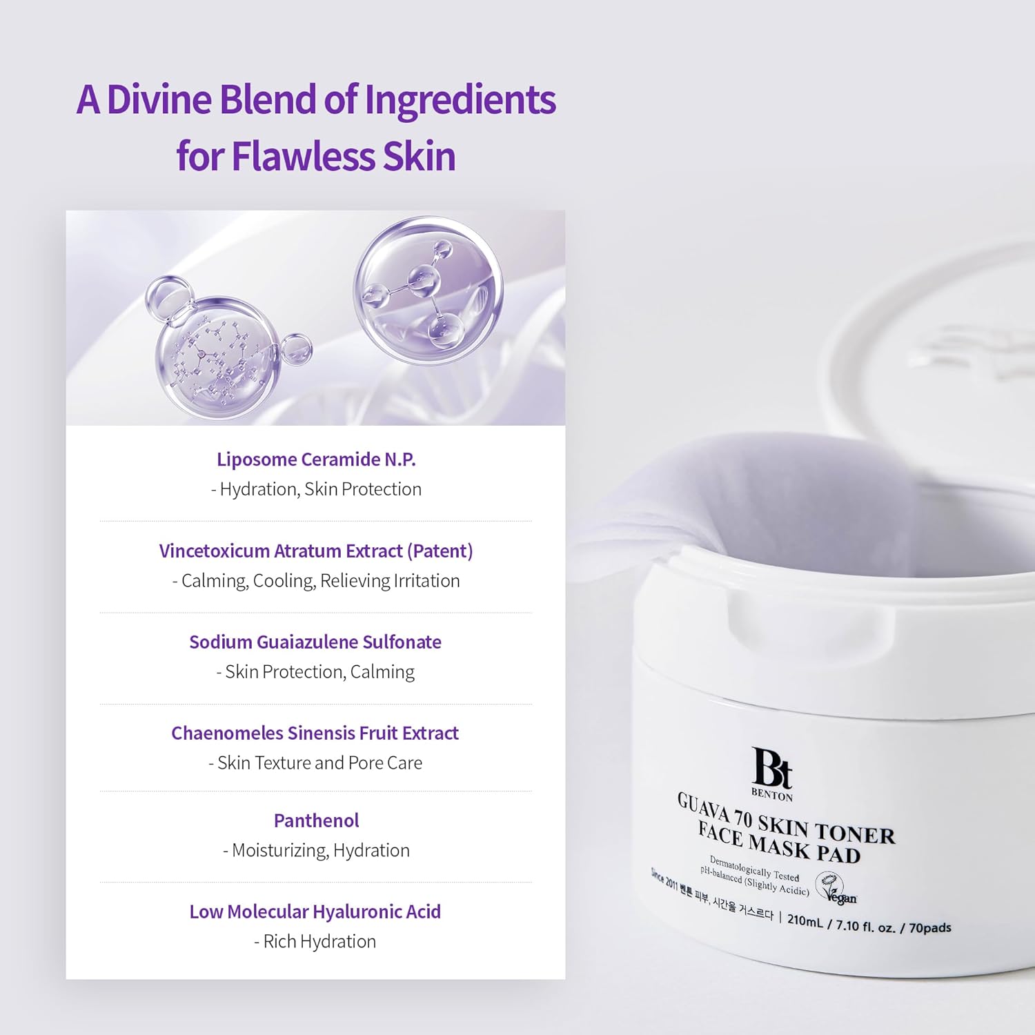 BENTON Guava Skin Toner Face Mask Pad ingredients for flawless skin, rich in hydration and protection.