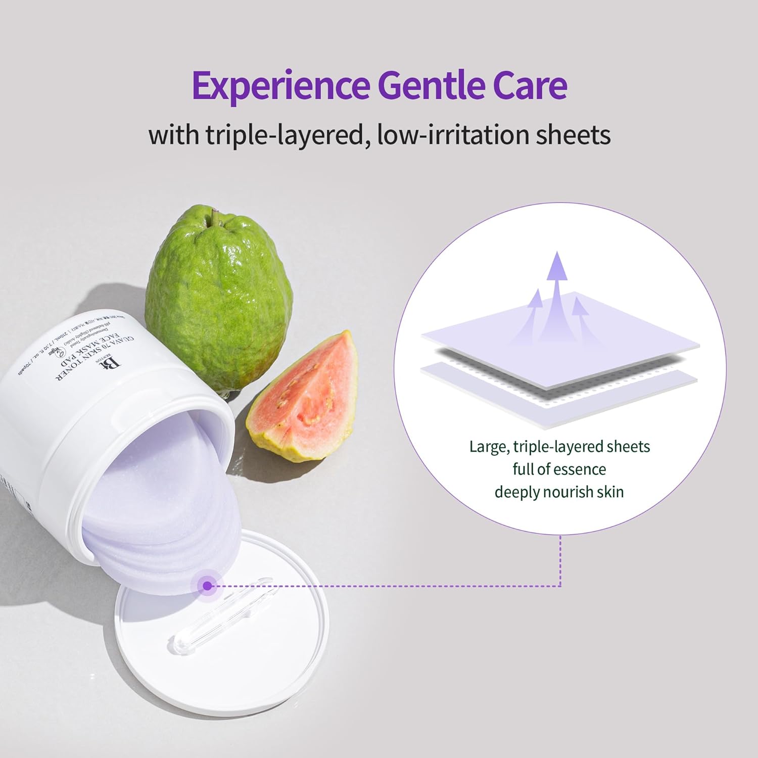 BENTON Guava 70 Skin Toner Face Mask Pad showcasing triple-layered sheets and guava fruit for nourishing hydration.