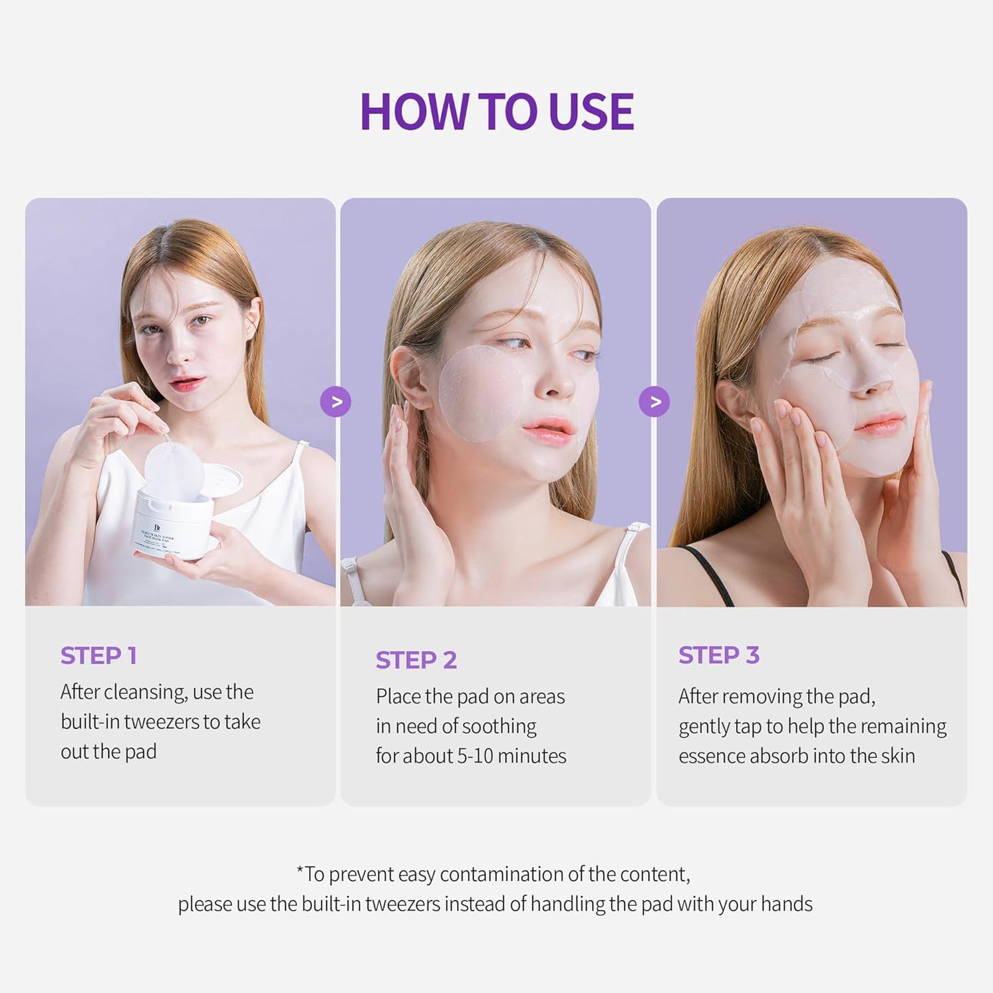 Instructions for using BENTON Guava 70 Skin Toner Face Mask Pad with three easy steps.