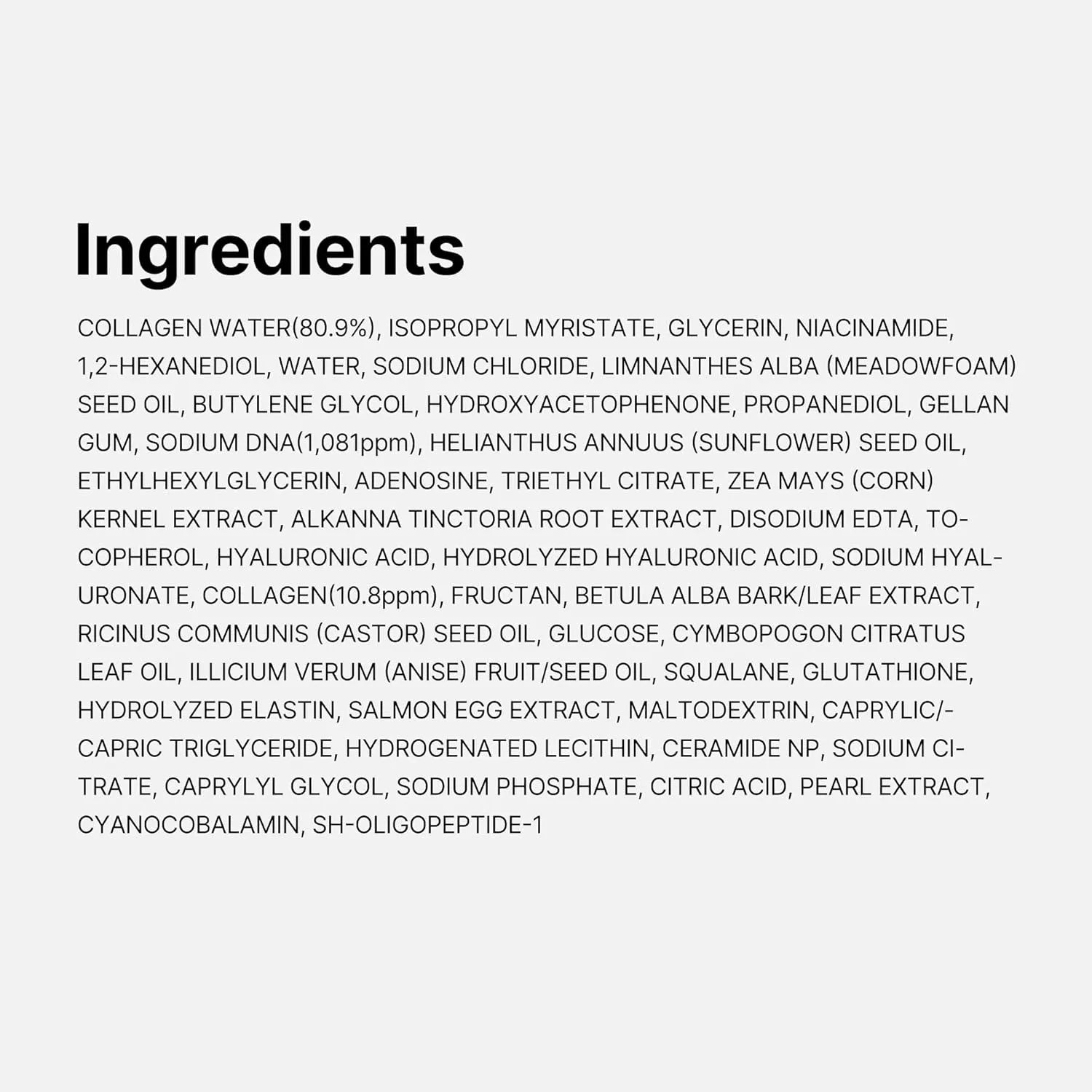 List of ingredients for Medicube PDRN Pink Collagen Glow Jelly Mist Serum including collagen water and niacinamide.
