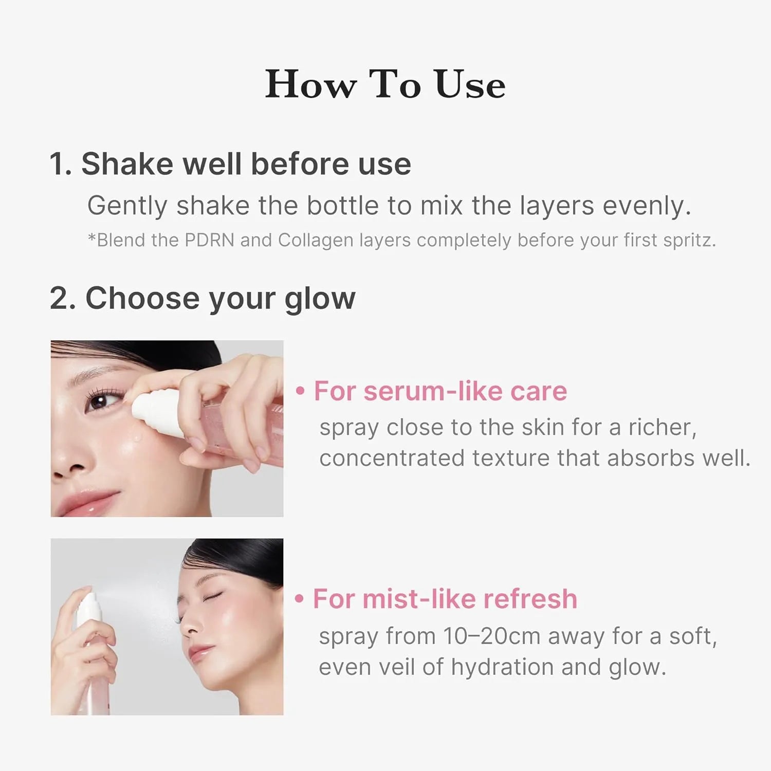 How to use Medicube PDRN Pink Collagen Glow Jelly Mist Serum for serum-like care and mist-like refresh.