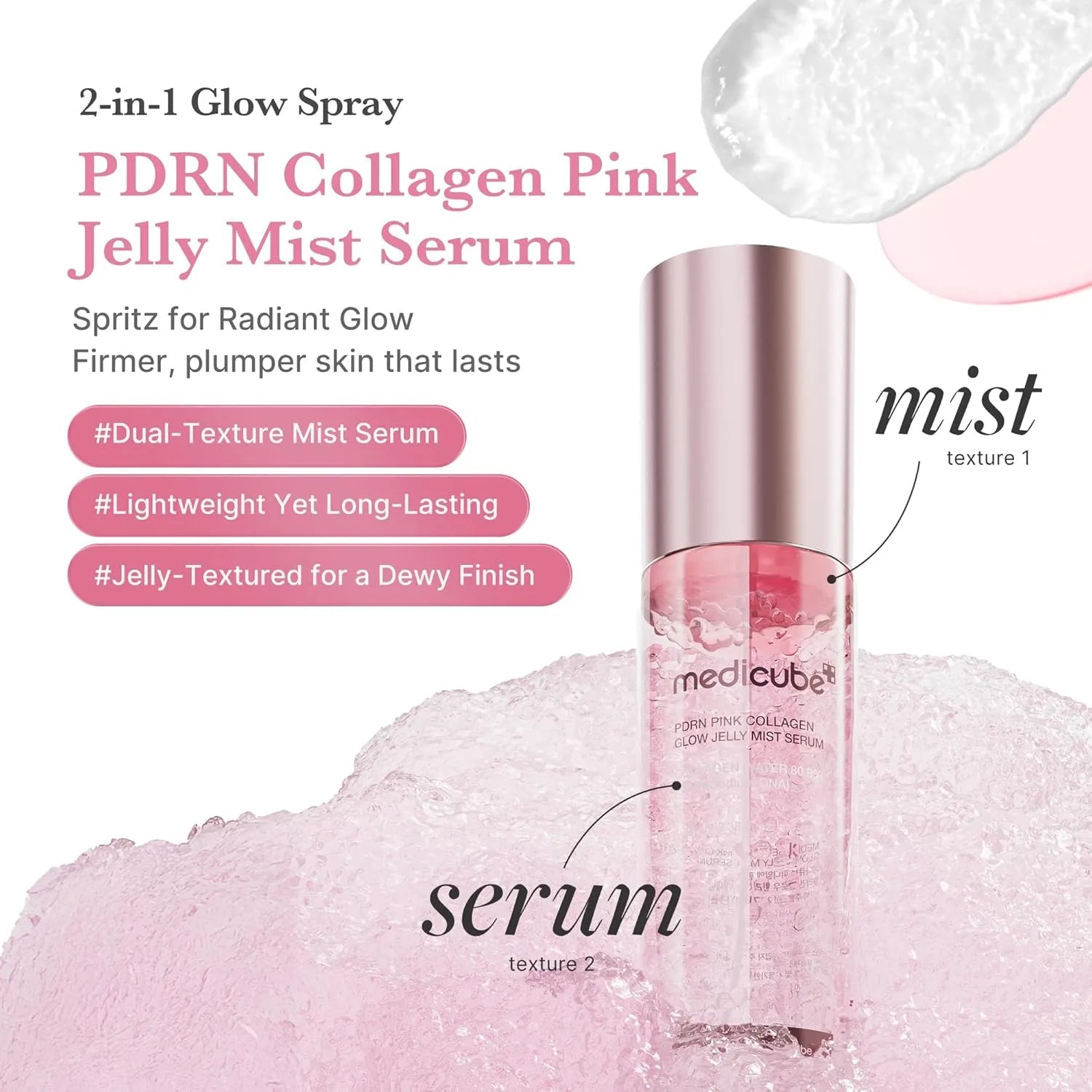 Medicube PDRN Pink Collagen Glow Jelly Mist Serum in a dual-texture bottle for radiant skin.