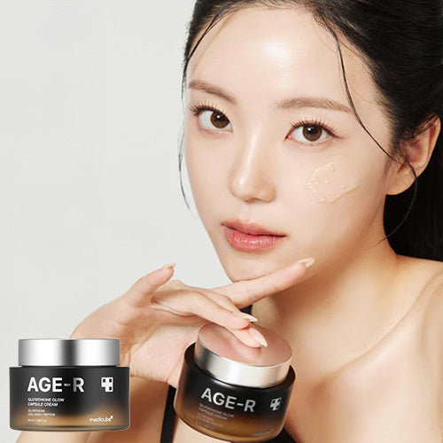 Medicube AGE-R Glutathione Glow Capsule Cream displayed with a model applying it for radiant skin.