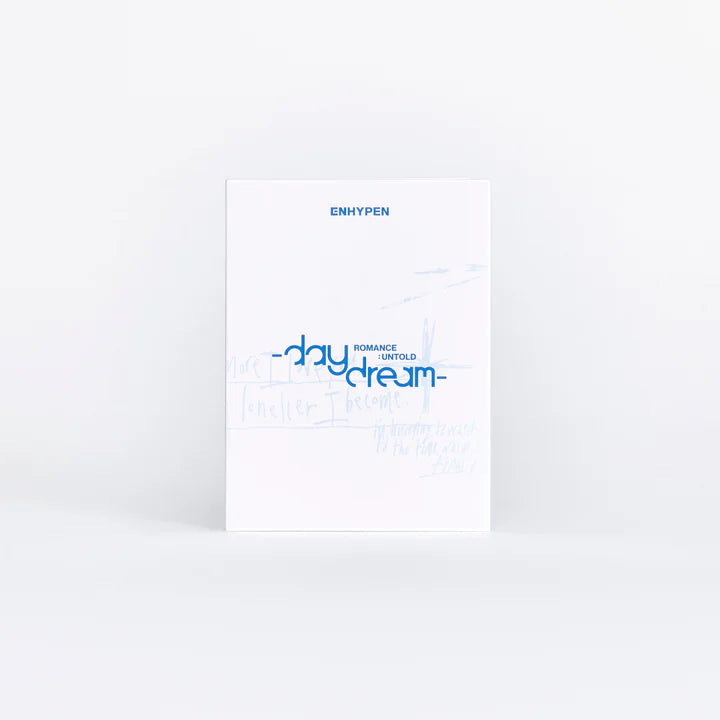 ENHYPEN - ROMANCE: UNTOLD daydream album cover showcasing minimalist design in blue and white.