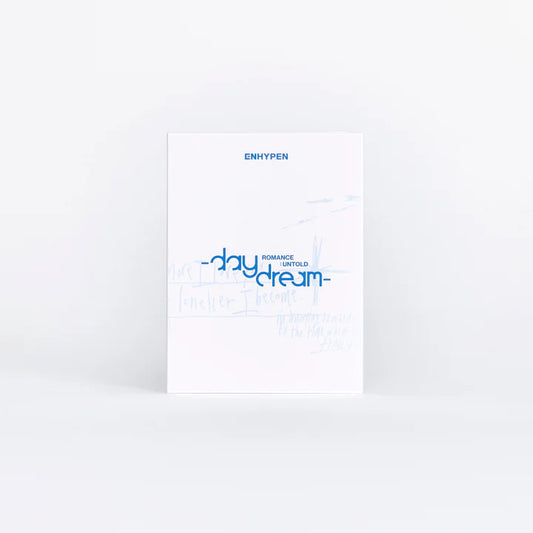 ENHYPEN - ROMANCE: UNTOLD daydream album cover showcasing minimalist design in blue and white.