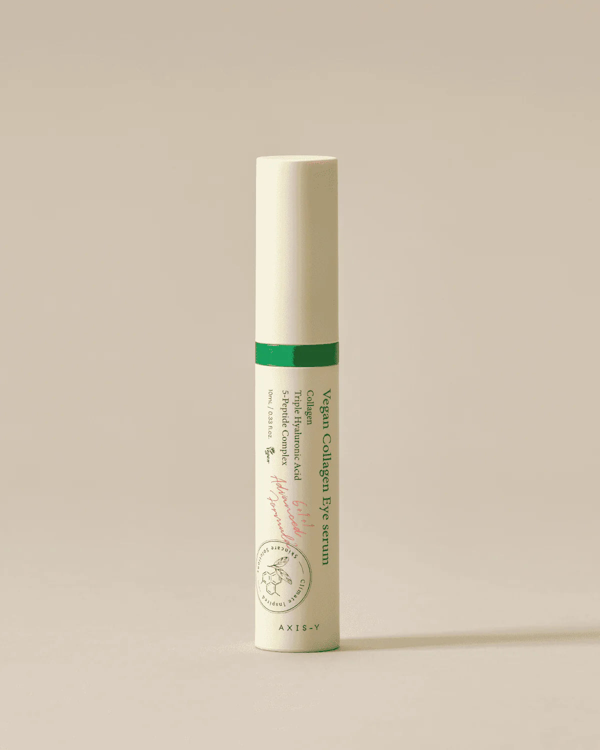 AXIS-Y Vegan Collagen Eye Serum in a sleek white tube with green accents, designed to reduce wrinkles and dark circles.