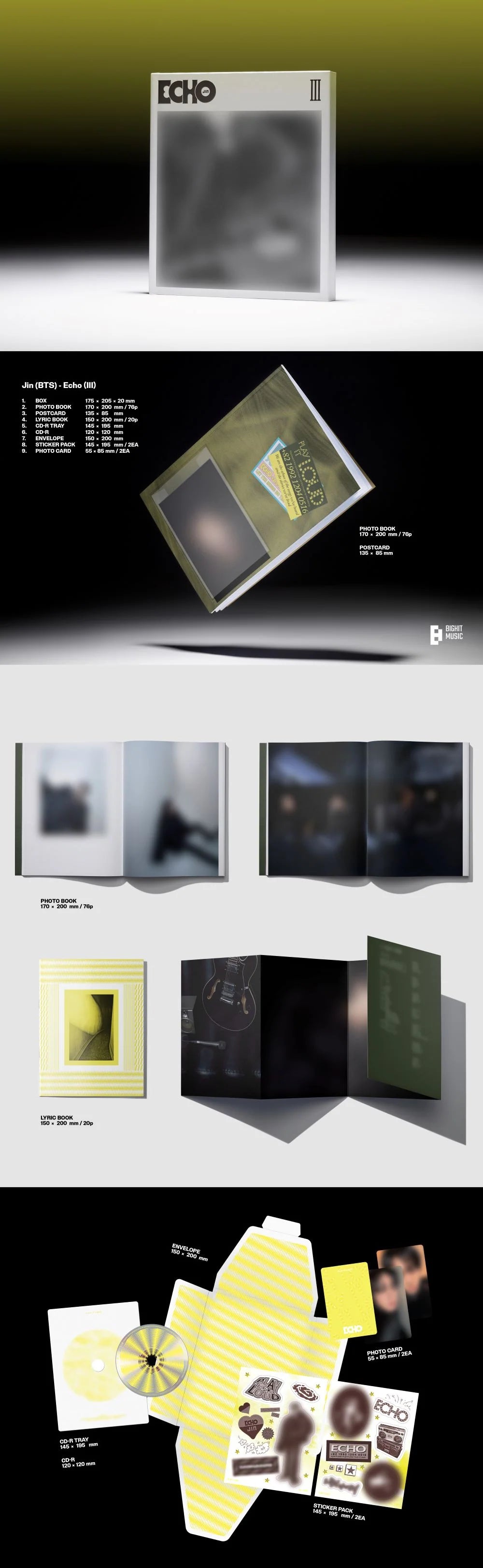 Music album packaging with 'ECHO' branding and various product images.