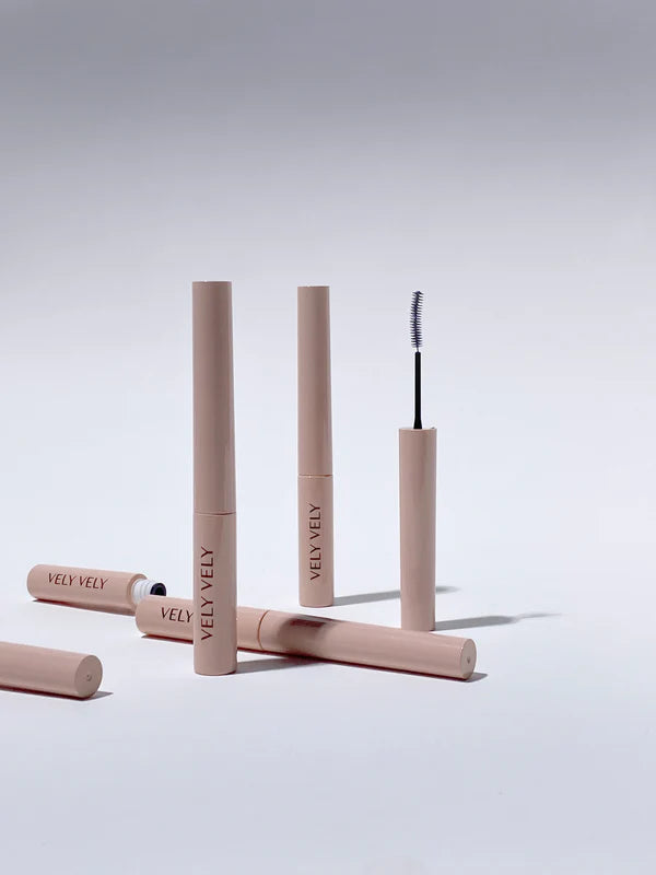 Vely Vely Super Slim Mascara 01 Black with minimalist design, packaging, and applicator brush.