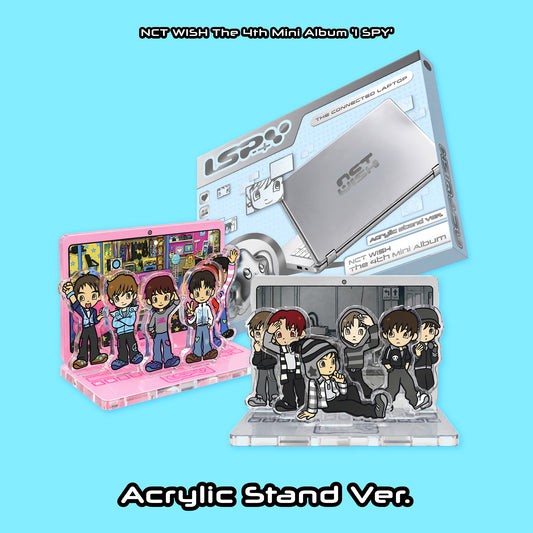 NCT WISH 'The 4th Mini Album 1 SPY' Acrylic Stand Ver. merchandise on a light blue background, showing a pink character acrylic stand, a silver album box, and a clear acrylic stand with chibi group illustrations.