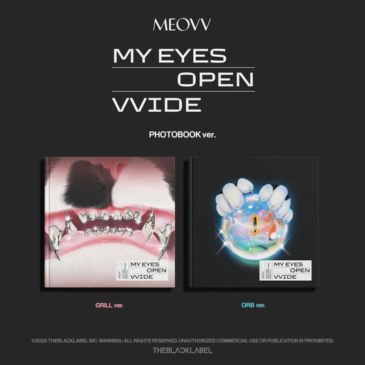 Promotional graphic for the MEOVV 'My Eyes Open Wide' Photobook version, showing two album cover variants side by side on a dark background: the Grill ver. on the left with a pink and white graphic, and the ORB ver.