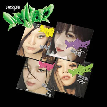 aespa MY WORLD mini album cover featuring members' portraits and colorful graphics.