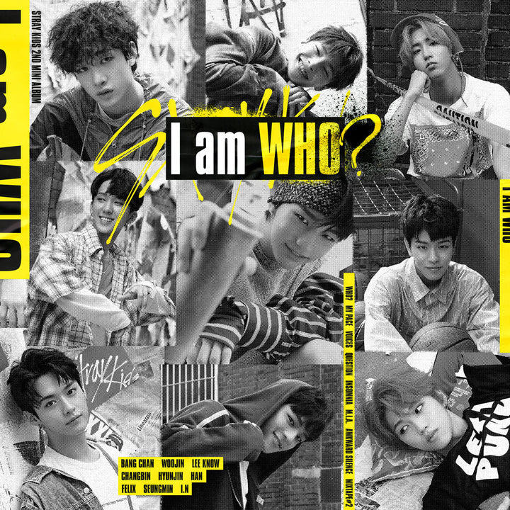 Stray Kids I am WHO 2nd mini album cover featuring all members in black and white collage, released by JYP Entertainment.